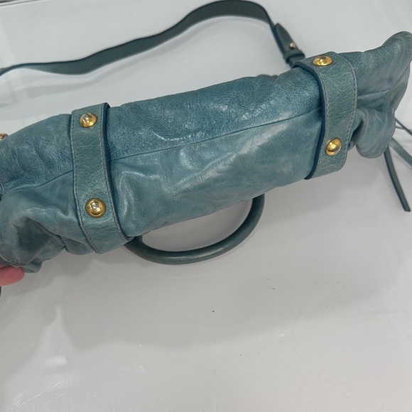 Miu Miu Vitello Lux Gathered Leather Satchel – Teal Blue with Gold Hardware - Picture 6 of 13